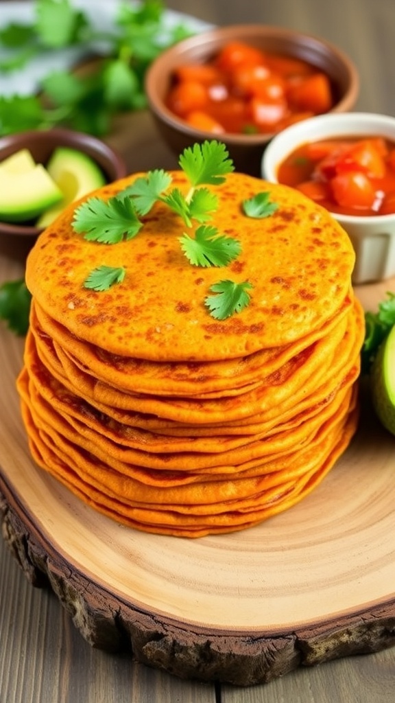 A stack of golden carrot tortillas on a wooden platter with salsa and avocado slices.